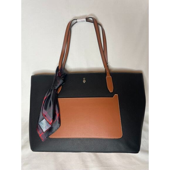London Fog Handbags - London Fog Mercer Tote w/ Plaid Scarf Black Cognac Trim Leather Handbags NEW